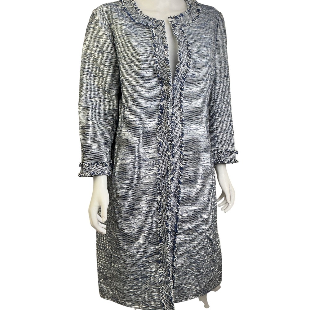 Anne‎ Klein Blue White Tweed Longline Fringed Topper Jacket Size 12 NEW - Picture 3 of 16